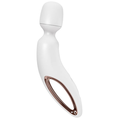 SATISFYER Wand-erland Wand-Massager in Weiß mit geschwungenem Griff und roségoldenem Detail in der Seitenansicht