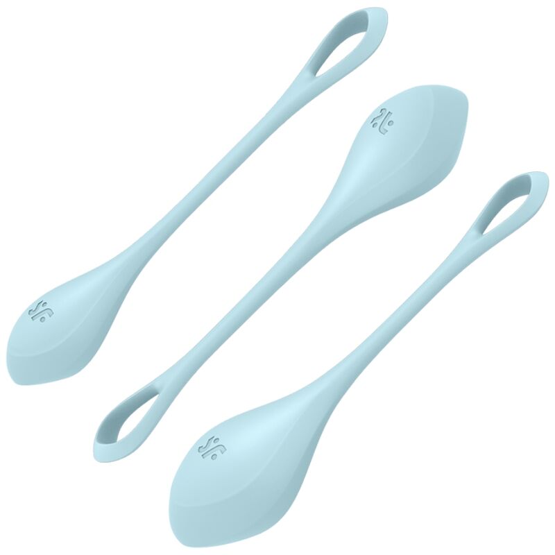 Satisfyer Yoni Power 2 Beckenboden-Trainingsset in Blau mit drei unterschiedlich gewichteten Liebeskugeln