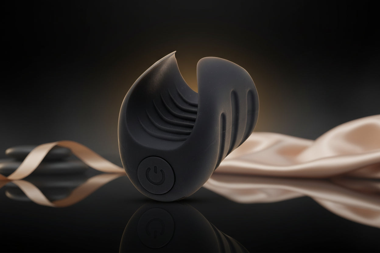Vibrierender Masturbator aus schwarzem Silikon mit strukturiertem Innenbereich und ergonomischem Design