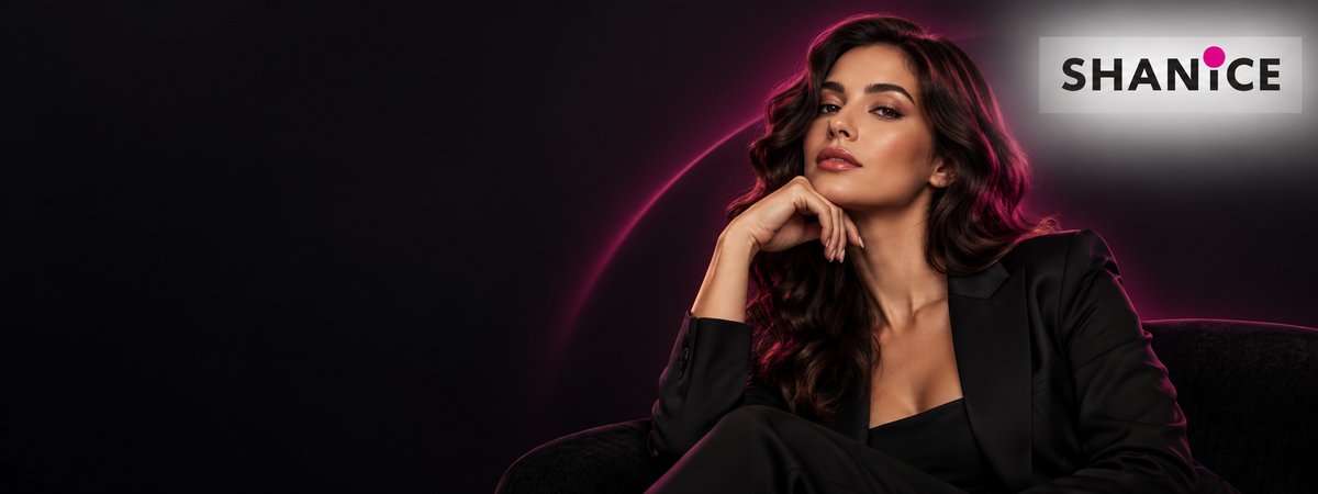 SHANiCE Sexual-Wellness-Markenwelt mit eleganter Frau und magentafarbenem Lichtakzent bei Evoria Care