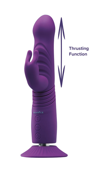 SHANiCE Thrusting 2 Stoßvibrator mit Klitorisreizer und montiertem Saugfuß in Vorderansicht