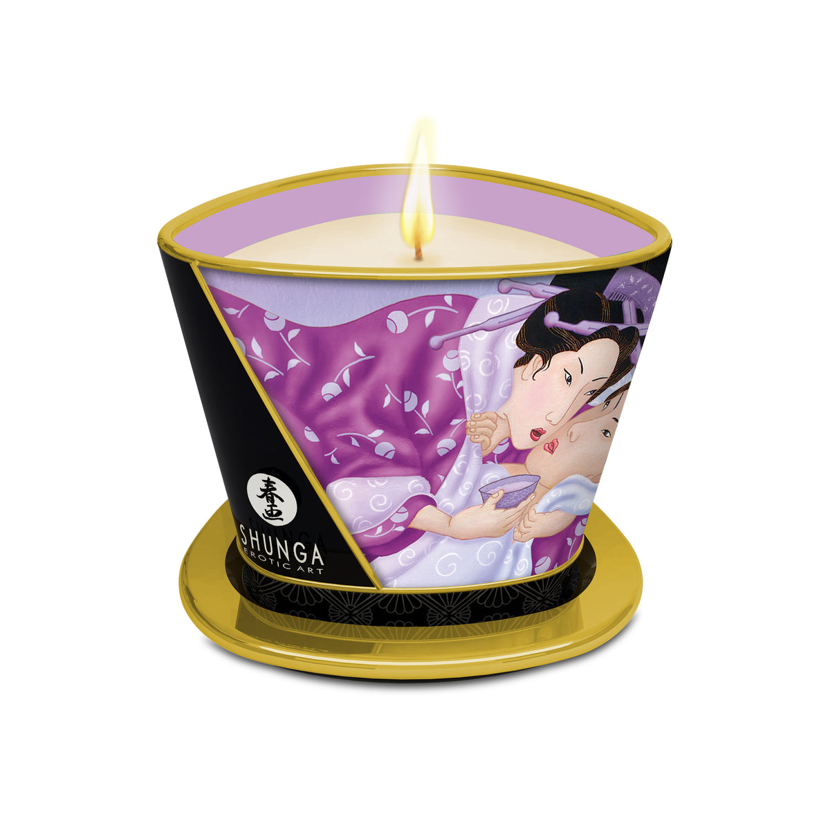 Geöffnete Shunga Massage Candle Lavender mit sichtbarem Docht und flüssig werdender Massageöl-Basis