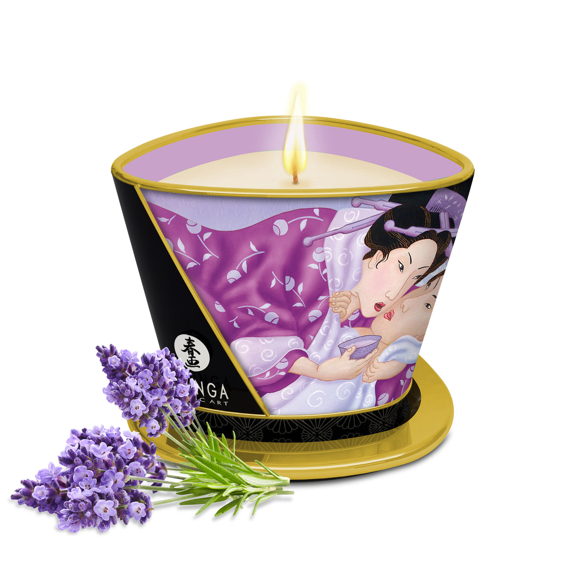 Shunga Massage Candle Lavender mit Lavendelduft und dekorativer Lavendelblüte