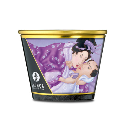 Vorderansicht der Shunga Massage Candle Lavender mit illustriertem Tiegel-Design