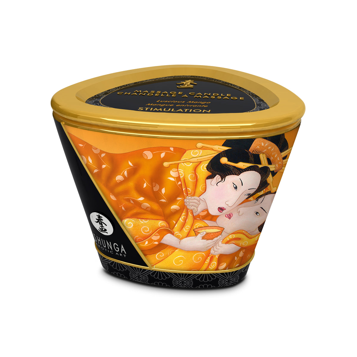 Shunga Massage Candle Mango in schräger Ansicht mit sichtbarer Kerzenoberfläche und Docht