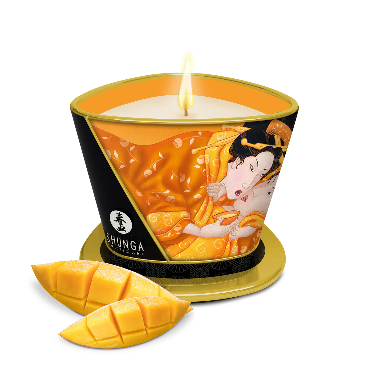 Shunga Massage Candle Mango mit fruchtigem Mango-Aroma und dekorativen Mangostücken