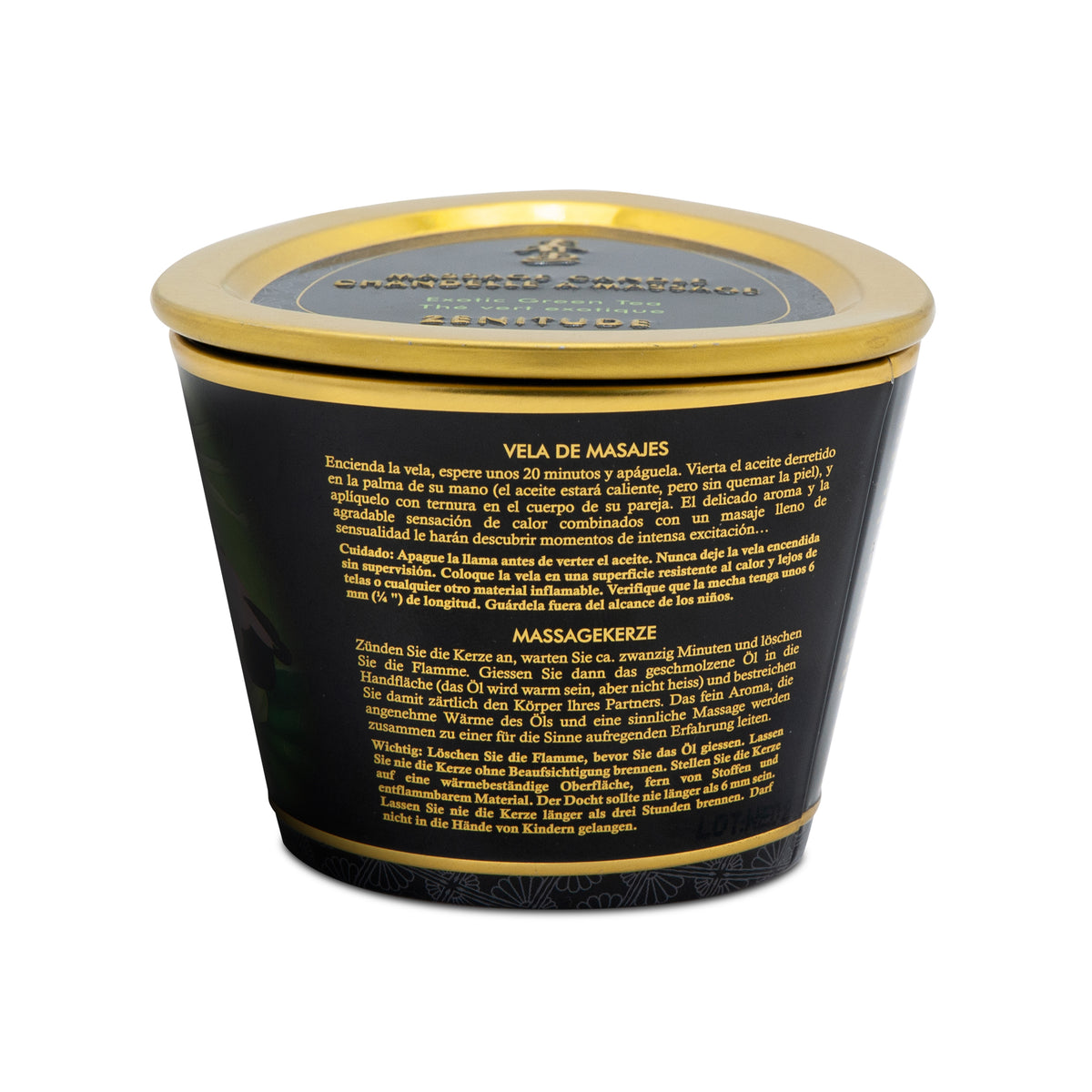 Rückansicht der Shunga Massage Candle Mango mit Produkt- und Anwendungshinweisen