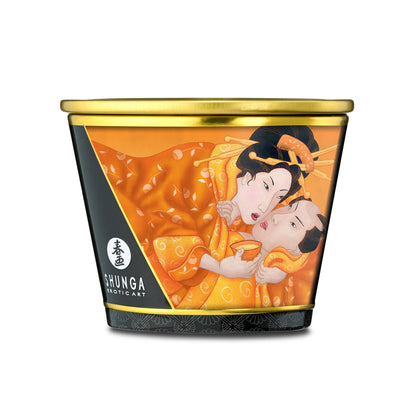 Vorderansicht der Shunga Massage Candle Mango mit orangefarbenem Tiegel-Design
