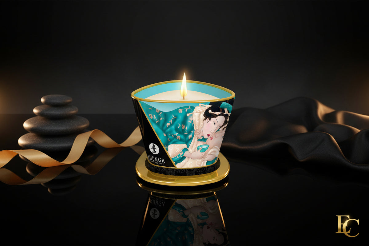 Massagekerze Island Blossoms von Shunga in eleganter Metalldose