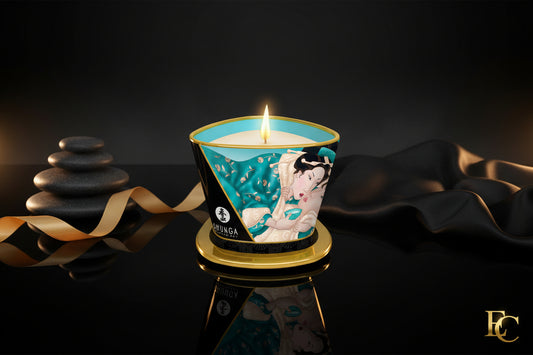 Shunga Massagekerze Island Blossoms in dekorativer Metalldose mit warmem Massageöl