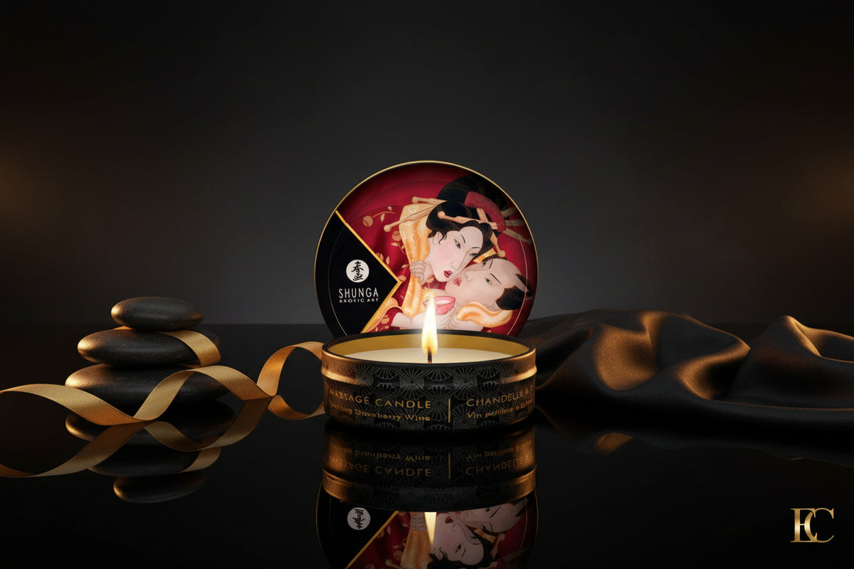 Shunga Mini Massage Candle mit Erdbeer-Sekt-Duft in beruhigender Atmosphäre