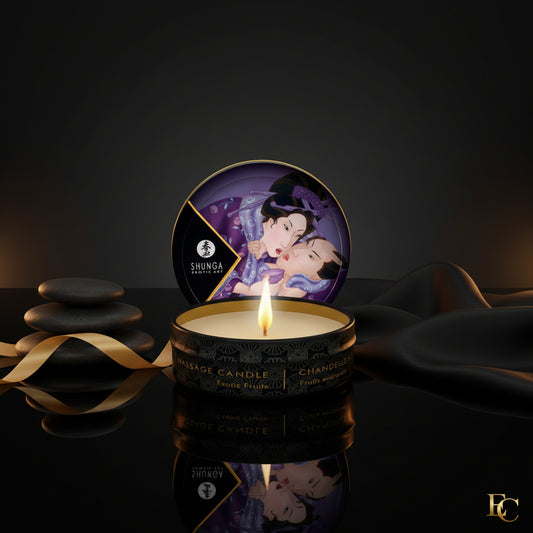 Shunga Mini Massagekerze Exotic Fruits geöffnet in Metalldose