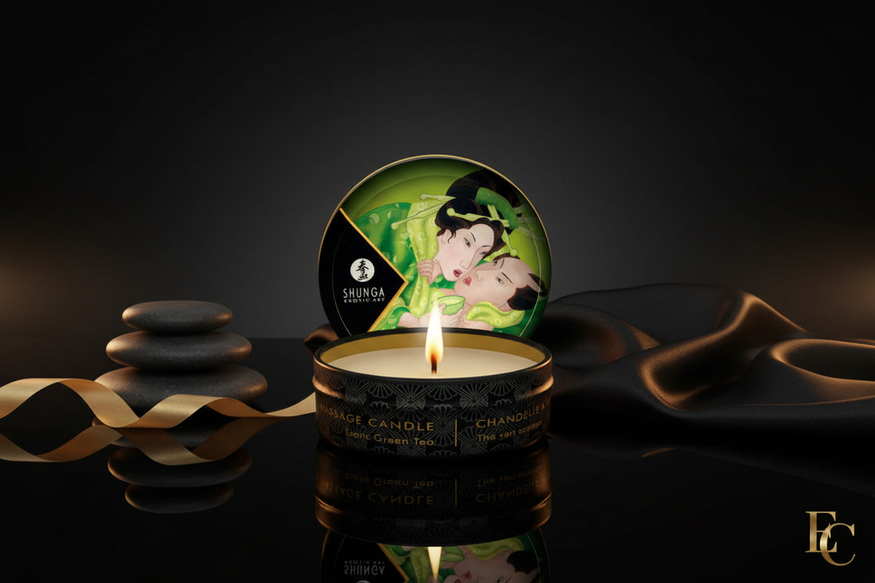 Shunga Mini Massagekerze Exotic Green Tea geöffnet in Metalldose