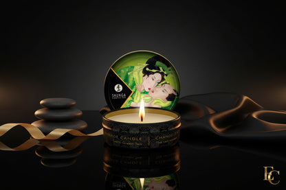 Shunga Mini Massagekerze Exotic Green Tea geöffnet in Metalldose