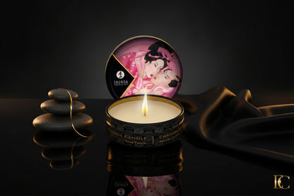 Shunga Mini Massagekerze Roses geöffnete Dose mit warmem Öl