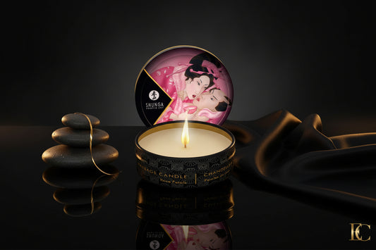 Shunga Mini Massagekerze Roses geöffnete Dose mit warmem Öl