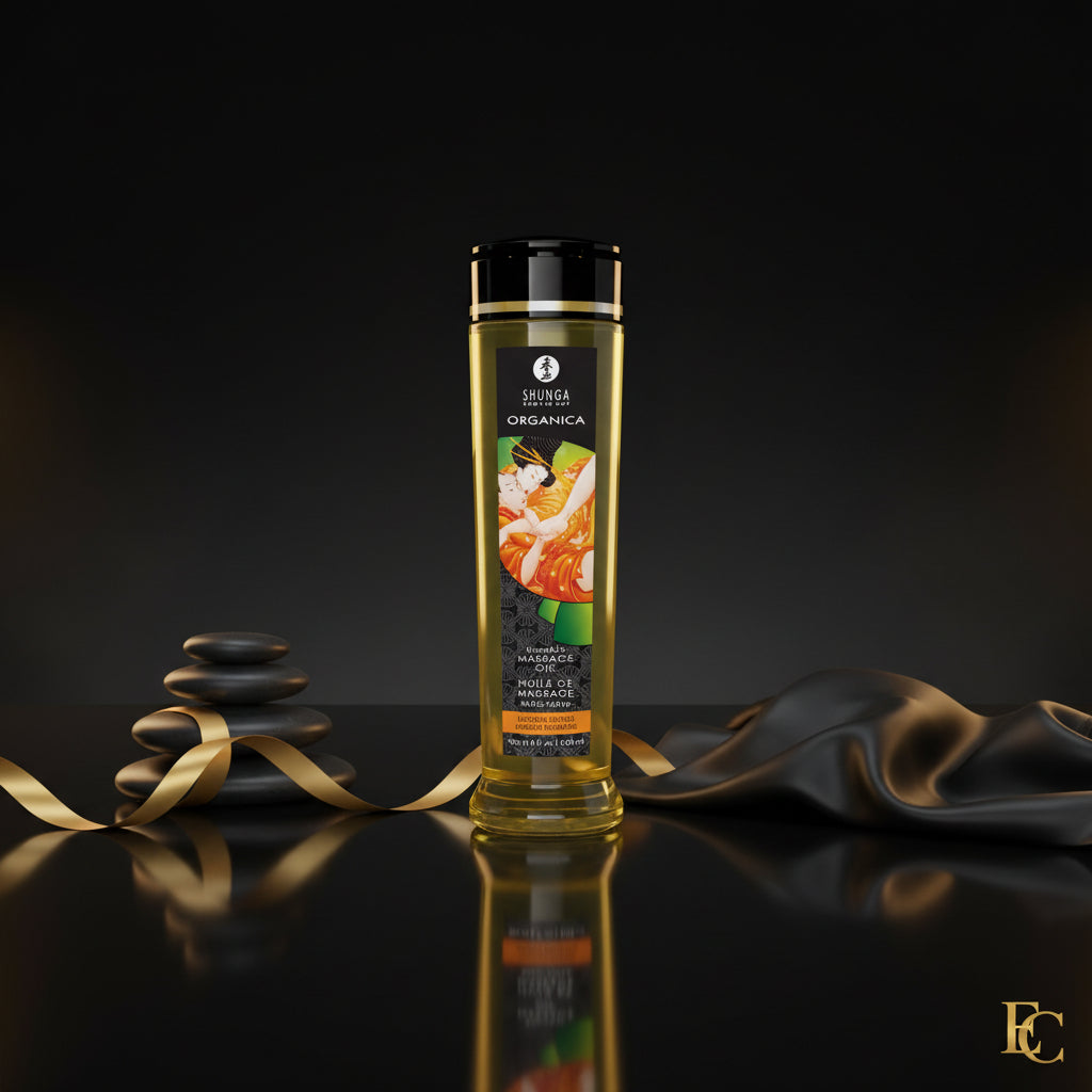 Flasche Massage Öl Organica Luscious Mango von Shunga auf einem entspannenden Hintergrund