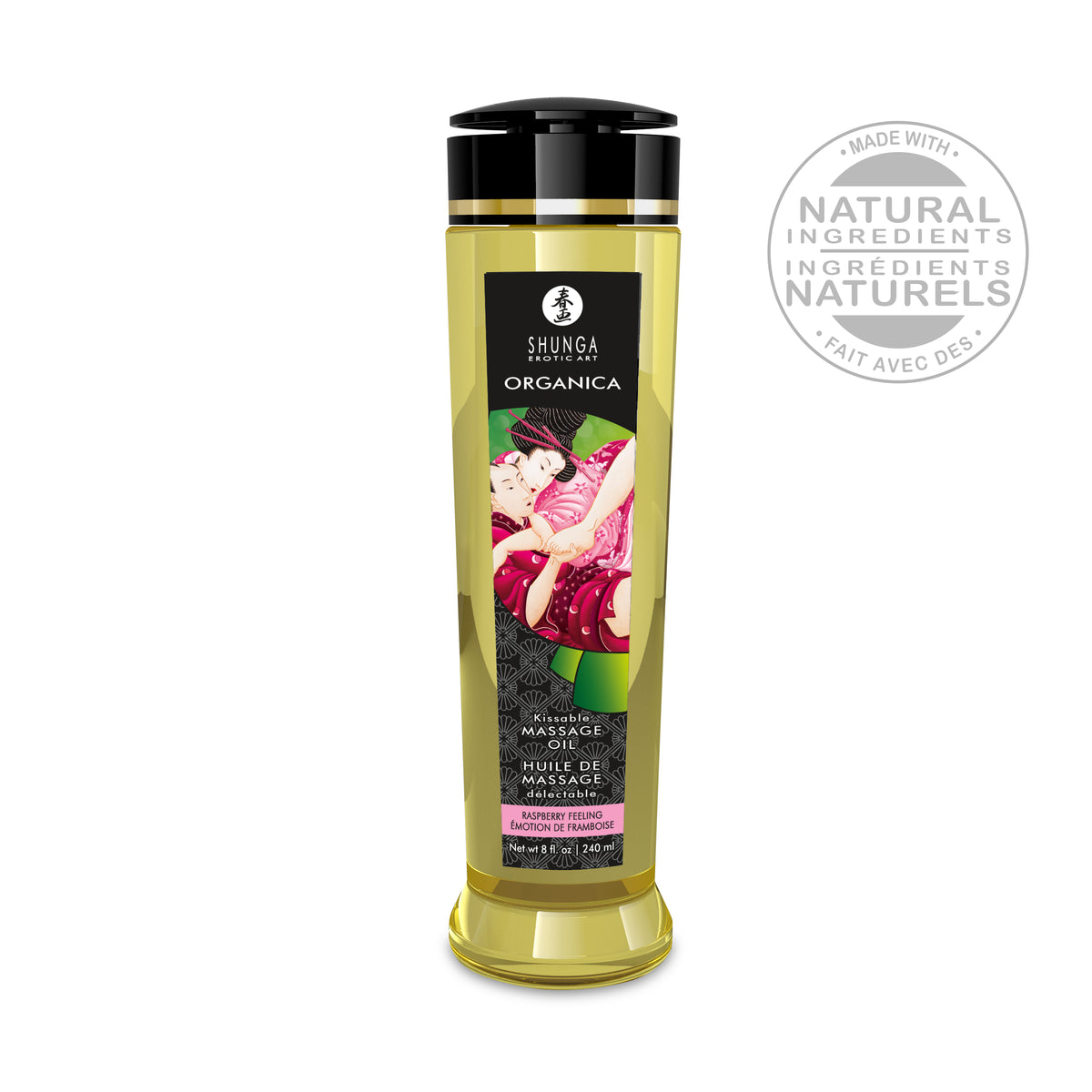 Shunga Organica Raspberry Feeling Massageöl in frontaler Produktansicht mit Himbeerdesign