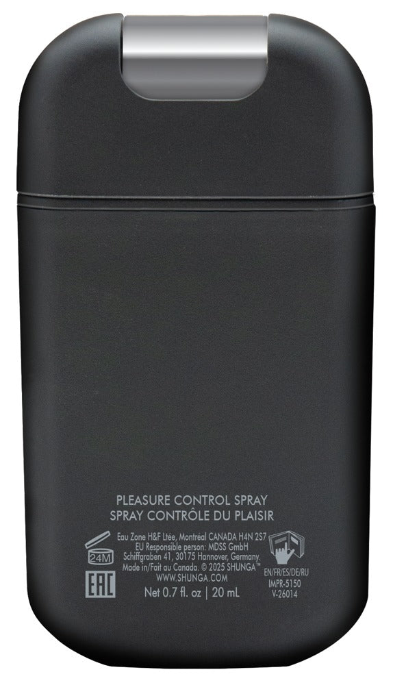 Rückansicht des Shunga Pleasure Control Spray for Men mit Produktinformationen auf dem 20-ml-Flakon
