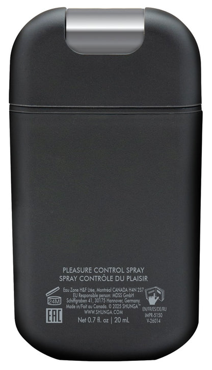 Rückansicht des Shunga Pleasure Control Spray for Men mit Produktinformationen auf dem 20-ml-Flakon