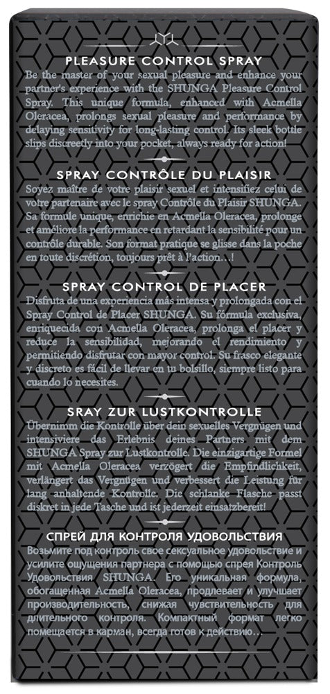 Rückseite der Verpackung des Shunga Pleasure Control Spray for Men mit Produkt- und Anwendungshinweisen