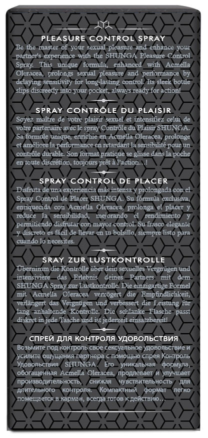 Rückseite der Verpackung des Shunga Pleasure Control Spray for Men mit Produkt- und Anwendungshinweisen