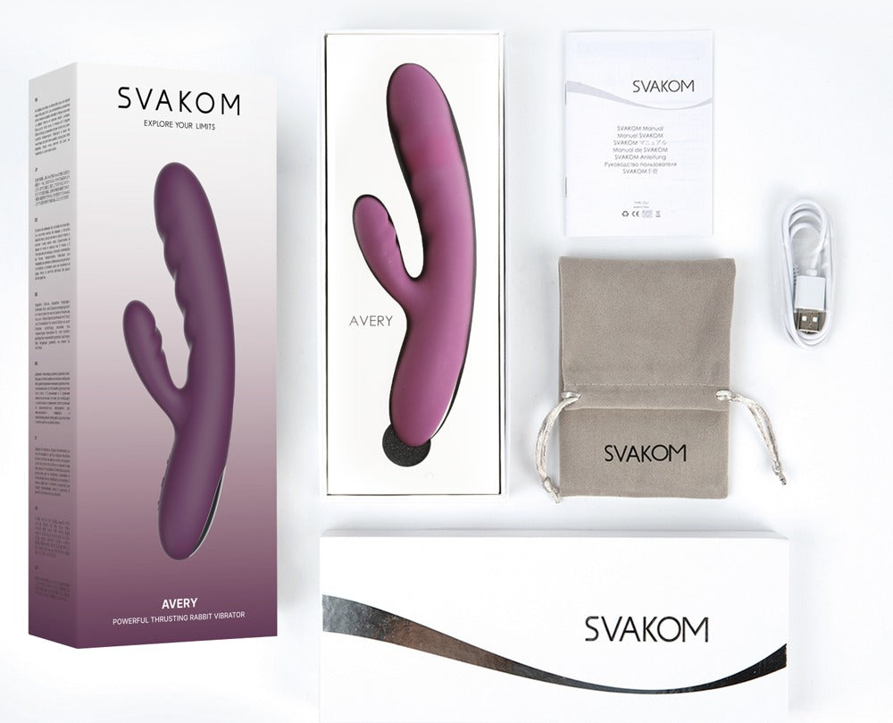 SVAKOM Avery Rabbitvibrator mit Verpackung und Zubehör