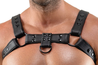 Detailansicht des schwarzen Svenjoyment Brustharness mit Metallringen