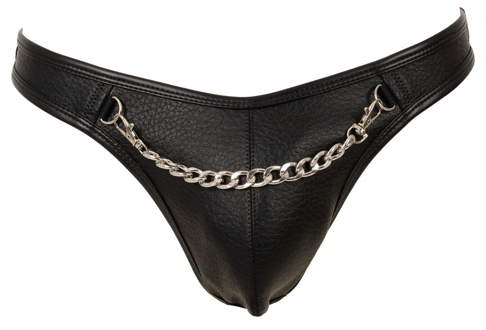 Vorderansicht des schwarzen Svenjoyment Herren-Riostrings im Leder-Look mit Metallringen und abnehmbarer Kette