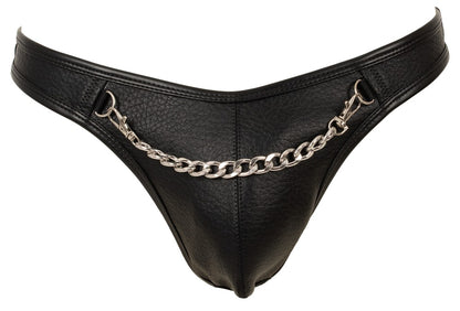 Vorderansicht des schwarzen Svenjoyment Herren-Riostrings im Leder-Look mit Metallringen und abnehmbarer Kette
