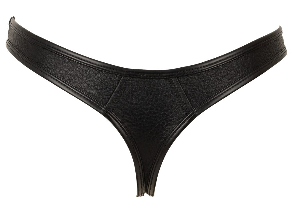 Rückansicht des knappen schwarzen Svenjoyment Herren-Riostrings im Leder-Look