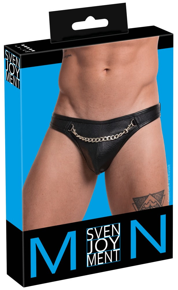 Verpackung des Svenjoyment Herren-Riostrings im schwarzen Leder-Look mit abnehmbarer Karabinerkette