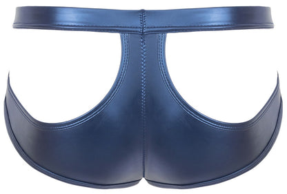Rückansicht des blauen Svenjoyment Metallic-Slips mit markanten Cut-outs am Gesäß