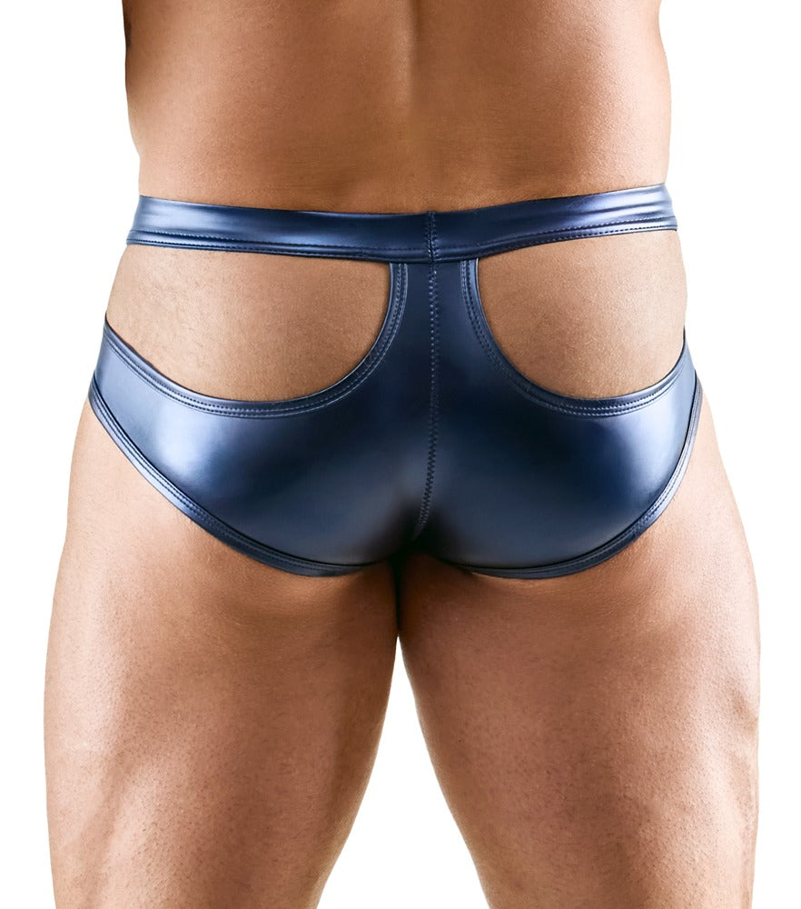 Svenjoyment Herren-Slip getragen von hinten mit blauem Metallic-Mattlook und offenen Cut-outs am Gesäß