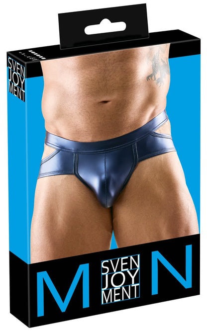 Verpackung des blauen Svenjoyment Herren-Slips im Metallic-Mattlook mit Cut-out-Design