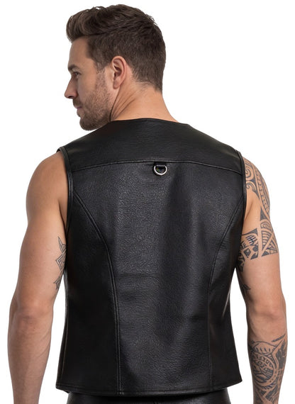 Svenjoyment Herren-Weste im schwarzen Leder-Look getragen von hinten mit akzentuierter Schulterpasse