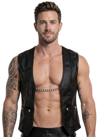 Svenjoyment Herren-Weste im schwarzen Leder-Look offen auf nackter Haut getragen mit Nieten und Frontkette