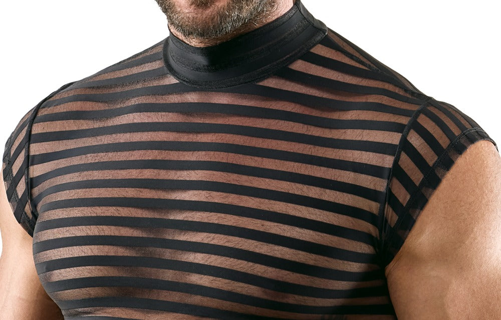 Detailansicht des Svenjoyment Querstreifen-Shirts mit transparentem Streifenmuster und Stehkragen