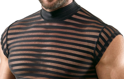Detailansicht des Svenjoyment Querstreifen-Shirts mit transparentem Streifenmuster und Stehkragen