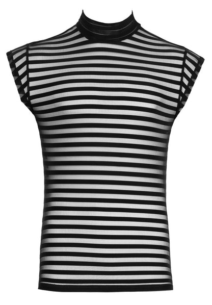 Vorderansicht des Svenjoyment Querstreifen-Shirts mit kurzen Ärmeln und transparentem Querstreifen-Look