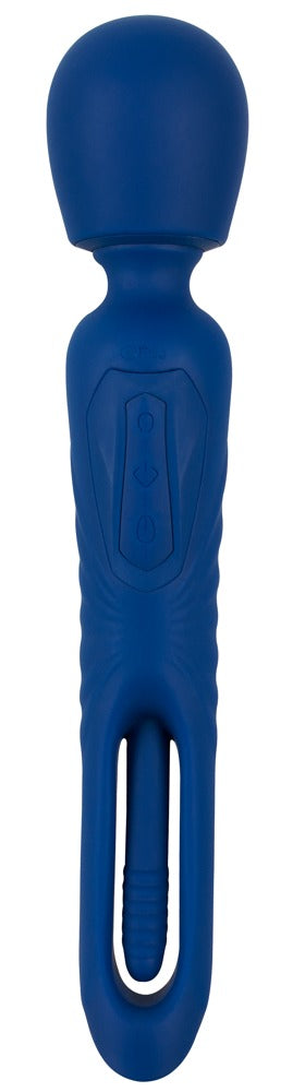 Sweet Smile 2in1 Wand with Flicking Tongue in Dunkelblau – Frontansicht mit rundem Massagekopf und schlankem Griff