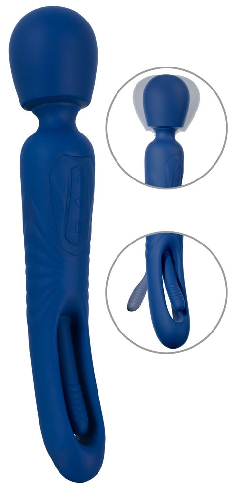 Sweet Smile 2in1 Wand with Flicking Tongue in Dunkelblau – große Produktansicht mit rundem Massagekopf und Detailansichten der zusätzlichen Flicking-Tongue-Funktion