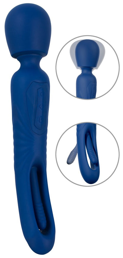 Sweet Smile 2in1 Wand with Flicking Tongue in Dunkelblau – große Produktansicht mit rundem Massagekopf und Detailansichten der zusätzlichen Flicking-Tongue-Funktion
