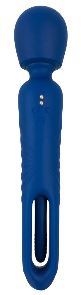 Sweet Smile 2in1 Wand with Flicking Tongue in Dunkelblau – Rückansicht mit rundem Massagekopf und länglichem Bedienelement am Griff