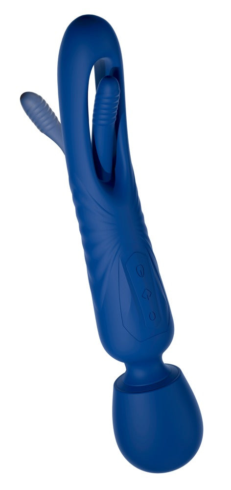 Sweet Smile 2in1 Wand with Flicking Tongue in Dunkelblau – schräge Produktansicht mit Massagekopf und geschwungener Griffpartie