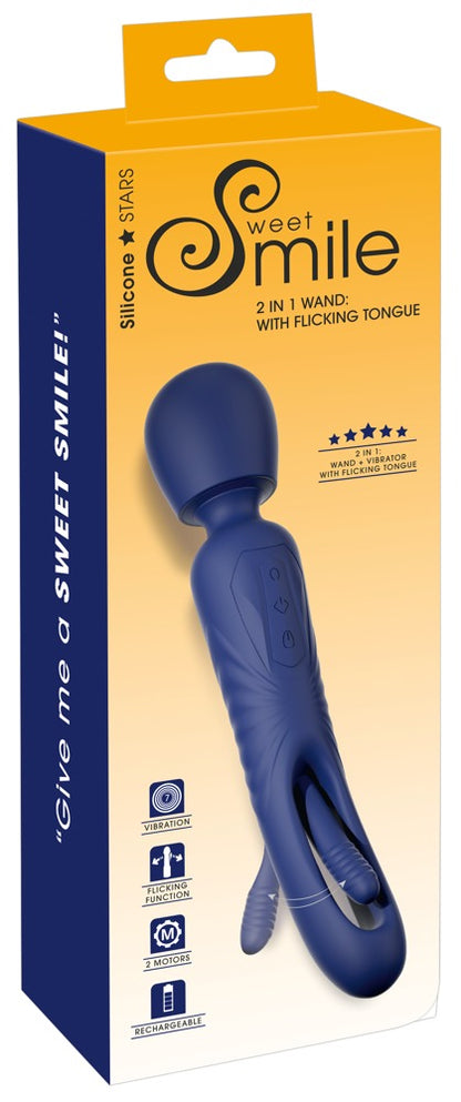 Sweet Smile 2in1 Wand with Flicking Tongue in Dunkelblau – Produktansicht zusammen mit der gelb-blauen Sweet Smile Verpackung
