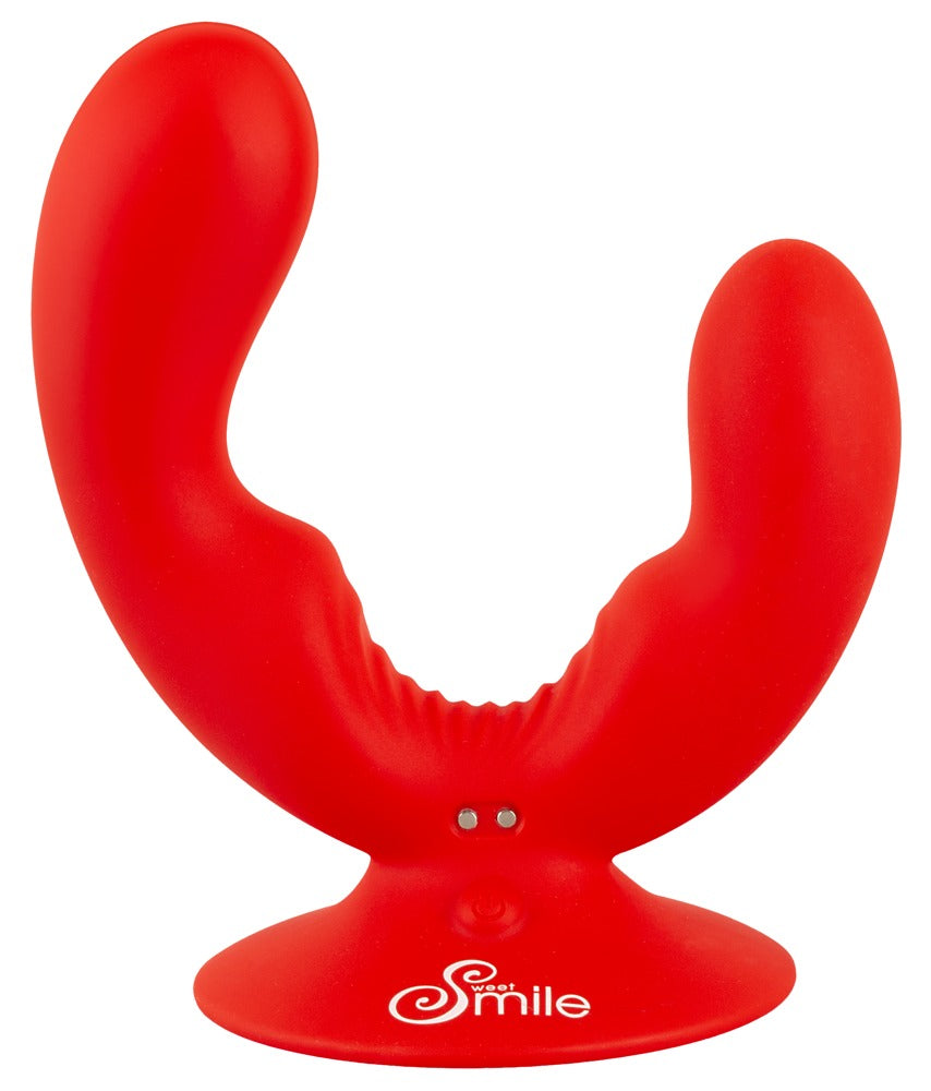 Sweet Smile Doppelvibrator in Rot – Frontansicht mit zwei nach oben gerichteten Stimulationsarmen und breitem Saugfuß