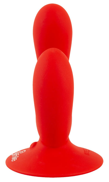 Sweet Smile Doppelvibrator in Rot – Seitenansicht mit länglichem Stimulationsarm und breitem Saugfuß