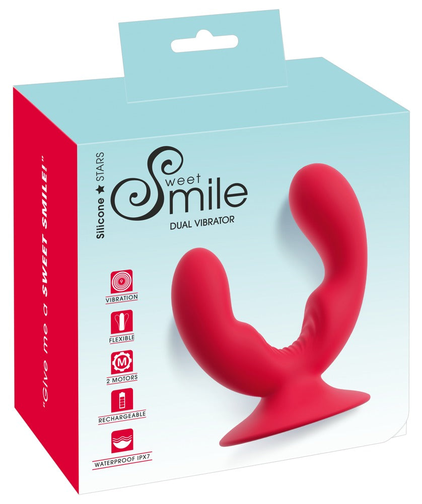 Sweet Smile Doppelvibrator für Dual-Stimulation – roter Doppelvibrator zusammen mit der weiß-pinken Sweet Smile Verpackung