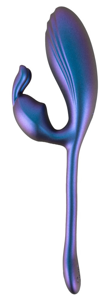 Sweet Smile Dual Vibrator in Blau-Violett – Seitenansicht mit langem geschwungenem Schaft und flexiblem Vibro-Bunny